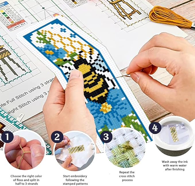 ORIGACH 6 Set Bees Cross Stitch Bookmark Kit for Beginner with Backing Felt Floss Instructions DIY Stamped Embroidery Bookmark Kit for Adults, Book Lovers