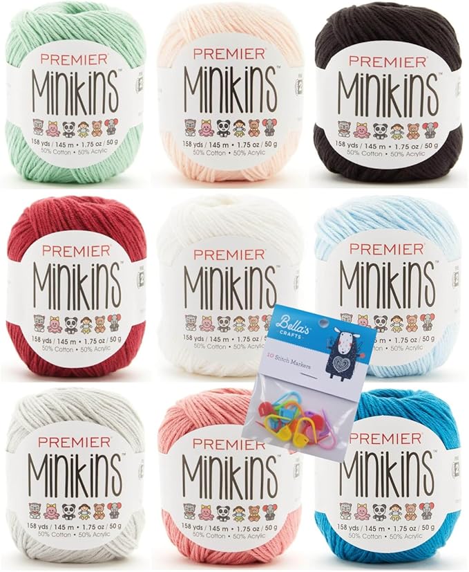 Premier Minikins Yarn 9-Pack Bundle with Bella's Crafts Stitch Markers (Sea Creatures)