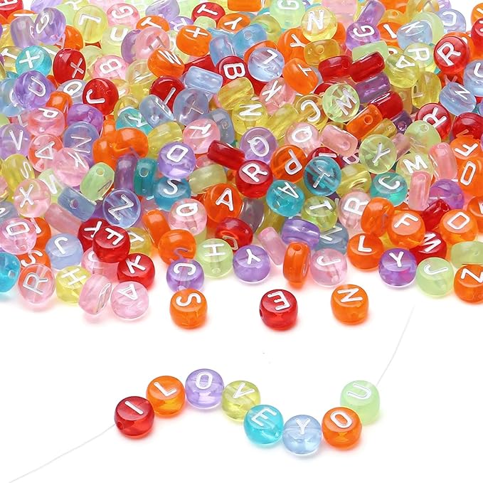 LAIDANLA 1500PCS Acrylic Letter Beads Alphabet White Letters Transparent Colorful Round Bead 7×4mm for Jewelry Bracelets Necklaces Key Chains Making