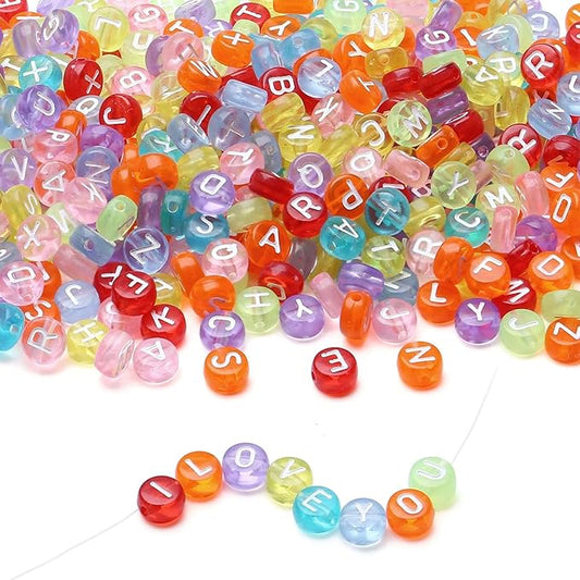 LAIDANLA 1500PCS Acrylic Letter Beads Alphabet White Letters Transparent Colorful Round Bead 7×4mm for Jewelry Bracelets Necklaces Key Chains Making