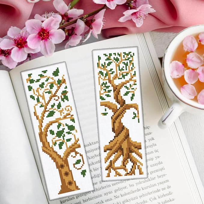 ORIGACH 6 Set Tree of Life Cross Stitch Bookmark Kit for Beginner with Backing Felt Floss Instructions DIY Stamped Embroidery Bookmark Kit for Adults, Book Lovers