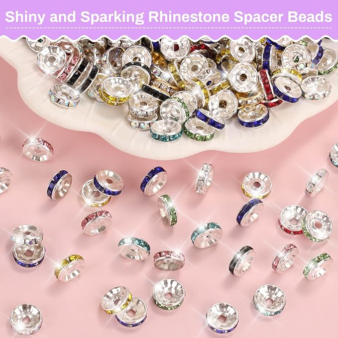 shynek 300 Pieces Rondelle Spacer Beads for Jewelry Making, 10mm Rhinestone Spacer Beads for Beaded Pens, Crystal Bead Spacers for Jewelry Making, Bracelets (10 Colors)