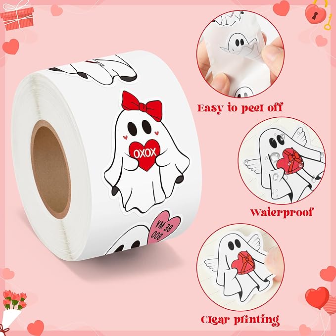 h1vojoxo valentine's day sticker rolls - 1000pcs valentine’s day ghost stickers 16 designs pink red cute ghost label tag seal stickers for kids craft envelope water bottle valentines party supplies