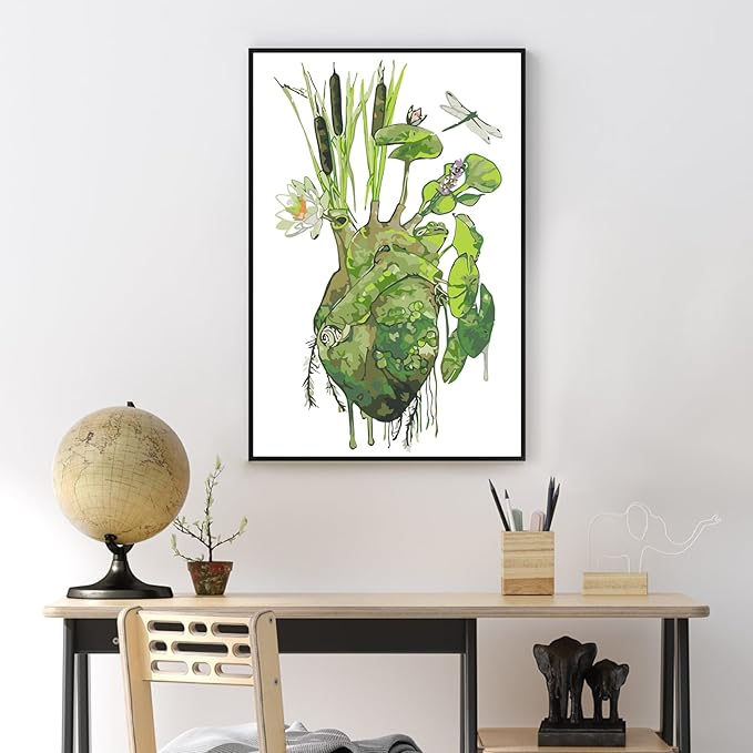 Yezavesu Framed Paint by Numbers Kit for Adults Beginner & Kids Ages 8-12, Heart Paint by Numbers with Frame, DIY Number Painting for Adults Abstract Green Plant for Home Wall Decor Gift 8X 12 inch