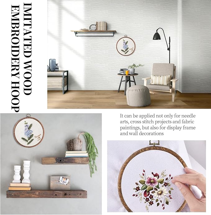 piutouyar 3 pieces 6.7 inch embroidery hoop set imitated wood display frame embroidery hoops circle cross stitch hoop ring for art craft sewing and hanging ornaments decor