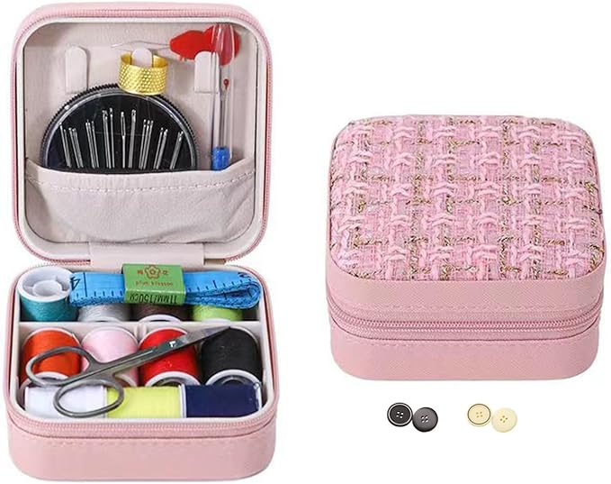 Mini Sewing Kit in Stylish Leather Case – Complete Set with Scissors, Needles, Thread, Needle Threader, Thimble & More – Perfect for Beginners & Travel (Pink)