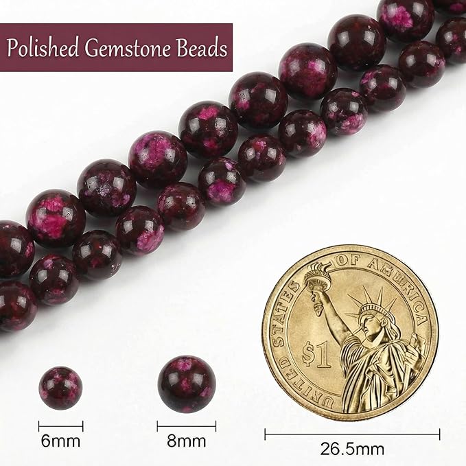 Stone Beads, 60pcs Magenta Tiger‘s Eye, 6mm Round Loose Beads for Jewelry Making, Bracelets, with Bag, String & Card