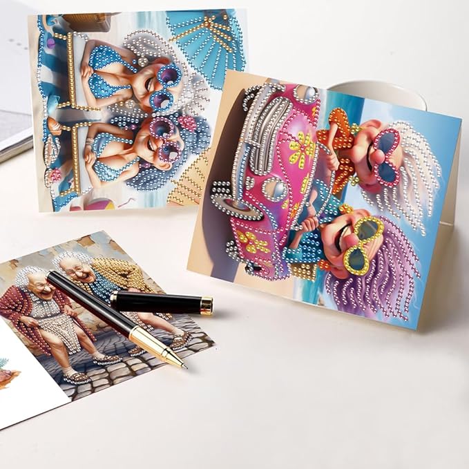 6 Pack 5D DIY Diamond Painting Grandma Greeting Card Kit, Diamond Art Christmas Birthday Holiday Greeting Card, Art Crafts Kit Creative Gift with Envelope