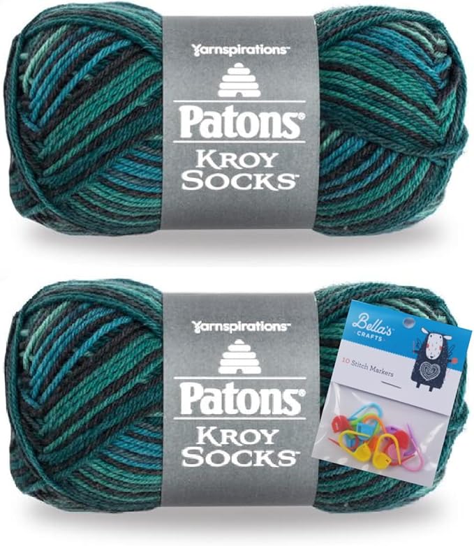Patons Kroy Socks Yarn 2-Pack Bundle with Bella's Crafts Stitch Markers (Turquoise Stripes)