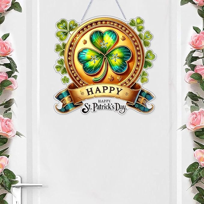 VODAPYC Saint Patrick's Day Diamond Art Hanging Kits for Adults, DIY Double Sided Special Shaped Diamonds Art Window Pendant Ornament for Home Decor(Clover Wreath)