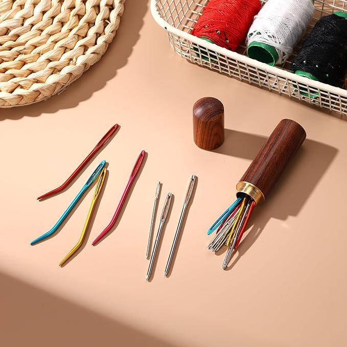 17pcs Large Eye Sewing Needles Kit with Wooden Case, Blunt Darning & Bent Tapestry Hand Yarn Needles Tool Supplies for Crochet Knitting Kandi Embroidery Projects