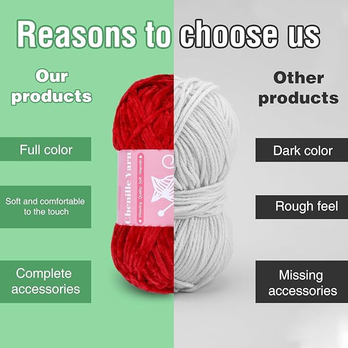 LUNARM Chenille Velvet Yarn for Crocheting & Knitting - Soft, Big Eye Needles - 3 * 3.35oz, 3 * 162yds (Red)
