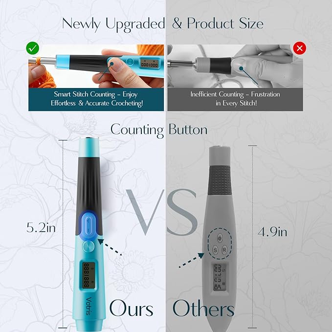 Votris 18 in 1 Counting Crochet Hooks, Light up Crochet Hook Set with Digital Stitch Counter 2.0mm-14.0mm, Rechargeable & Interchangeable Heads Lighted Crochet Hook Set, Ergonomic Handles for Beginner