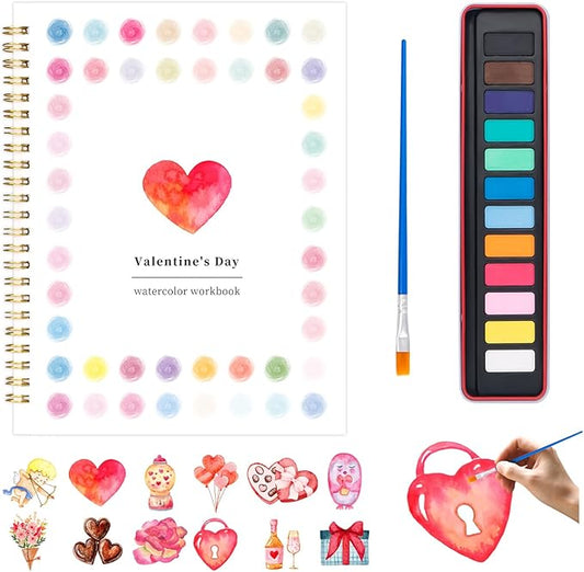 Metyond Valentine's Day Watercolor Workbook - Watercolor Coloring Book with 1 Workbook 12 Colors Paint Set with Brush, Beginner Friendly Watercolor Workbooks Set Valentine's Day Gift for Adults Teens