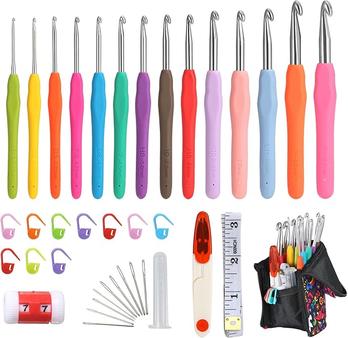 YOJOB 14 Sizes Crochet Hooks Set, 2.25mm - 10mm, Ergonomic Crochet Hook Set for Arthritis and Beginners, with Crochet Case and Accessories
