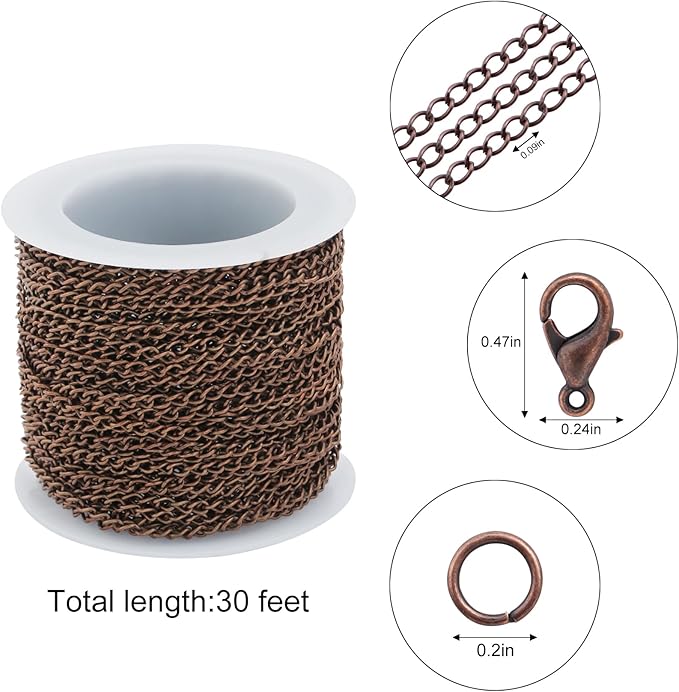 Lemonkey 33 Feet Metal Red Copper Necklace Chains Curb Links Chains Bulk for Jewelry Making DIY Craft Kit with Lobster Clasps Jump Rings