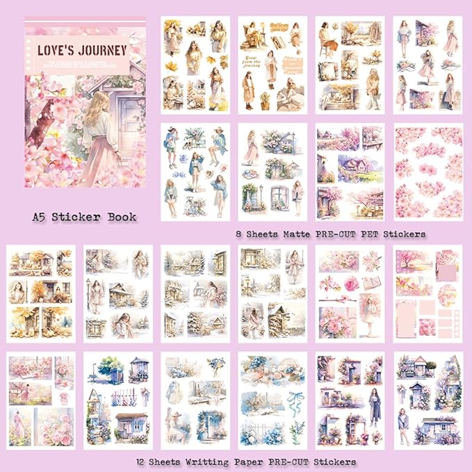 Love's Journey Scrapbook Stickers, Precut Journal Stickers Book for Junk Journaling, PET and Paper Materials, Seasons Landscape Girl People Stickers for Scrapbooking Supplies, A5