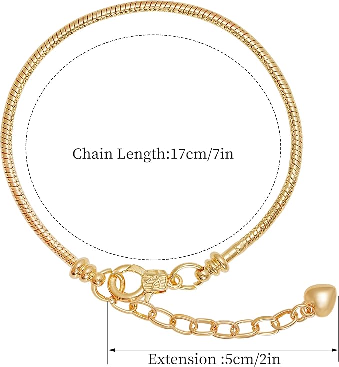 10pcs Chain Bracelets Kit Gold Plated Snake Chain with Heart Lobster European Charm Bracelet for Christmas DIY Women Jewelry Findings Bracelet Making (Gold)