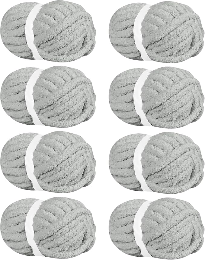 Chunky Chenille Yarn for Hand Knitting,Fluffy Soft Jumbo Yarn by Circular Needle & Crochet Hook,Super Bulky Big Yarn for Chunky Blanket,Large Thick Arm Knitting,8 Pack,Light Grey