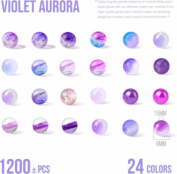 1200PCS 6mm Purple Glass Beads for Bracelets, 24 Colors Assorted Violet Series Crystal Beads Bracelets Making Kit and Jewelry Making, Round Purple Beads for Friendship Bracelet Earring Necklace Crafts