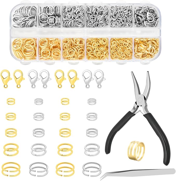 1200pcs Jump Rings for Jewelry Making Supplies, Necklace Repair Kit with Pliers and Jump Ring Opener, 12mm Lobster Clasp 5 Size Jump Ring for Jewelry Clasps and Closures (Silver and Gold)