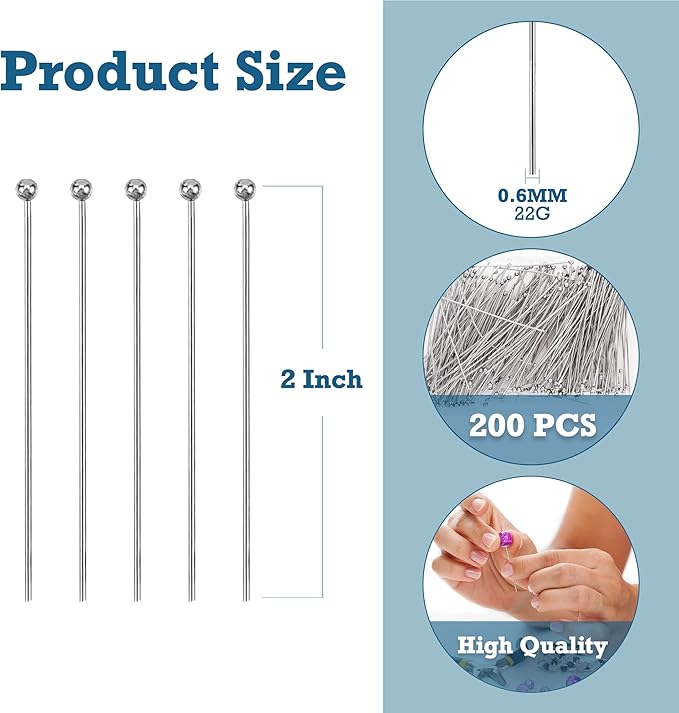 Mandala Crafts 2 Inch Stainless Steel Ball Head Pins for Jewelry Making Earring Making Supplies - 200 Jewelry Findings for Making Earrings DIY Bracelets Rosary Charms