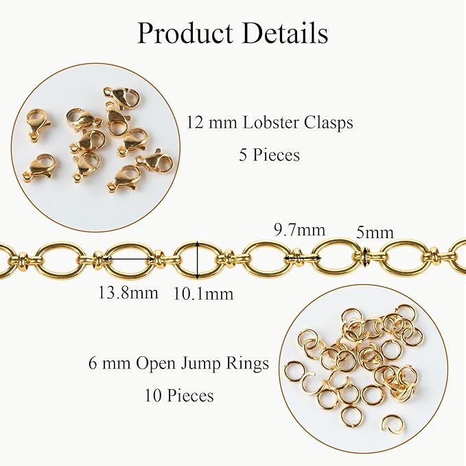 2 Meters Gold Chain for Jewelry Making Stainless Steel Oval Rolo Jewelry Making Chains with Lobster Clasps and Jump Rings