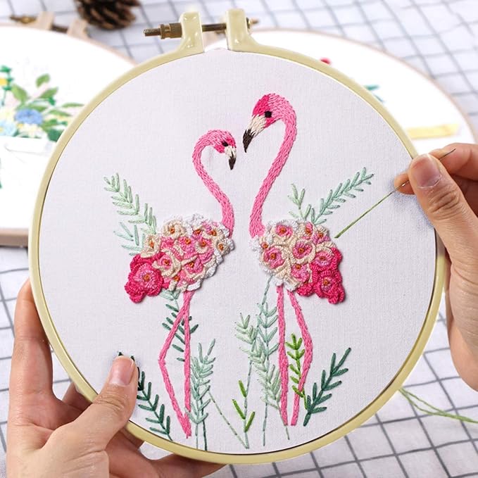 konrisa flamingo embroidery kit for beginners with pattern floral stamped full range of embroidery starter kit for adults cross stitch kit with embroidery cloth, hoops, color thread and tools,set of 2