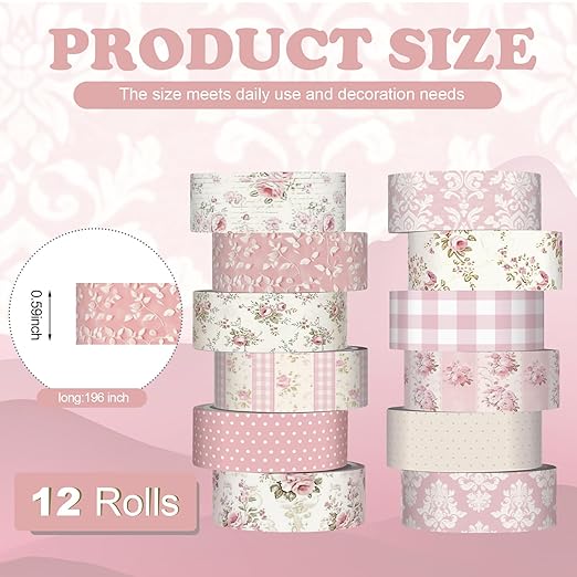 12 Rolls Watercolor Floral Washi Tape Set 15 mm Vintage Flower Decorative Masking Tape for Spring Arts DIY Craft Scrapbook Journal Supplies Gift Wrapping(Light Pink,Polka Dots and Floral)