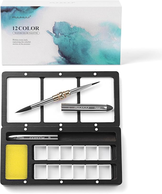 Travel Watercolor Palette Box, Fuumuui Black Wood Palette Kit with Cover, 12 Empty Removable Half-pan Grids, Dual Tip Travel Brushes, for Watercolor Gouache Color Mixing, Pure White Palette