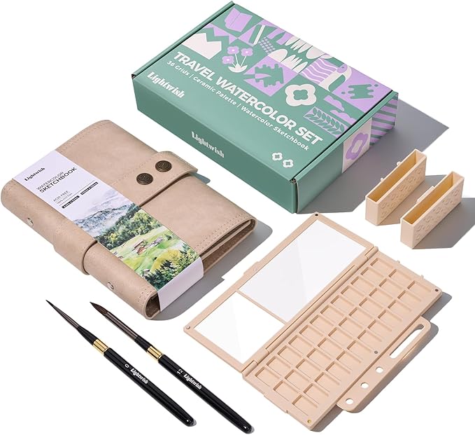 Travel Watercolor Sketchbook Set - 6.7x3.9 in 100% Cotton Cold Press 20 Sheets Binder Art Journal with 36-Well Empty Ceramic Paint Palette & 2 Travel Watercolor Brushes for Artists Outdoor Painting