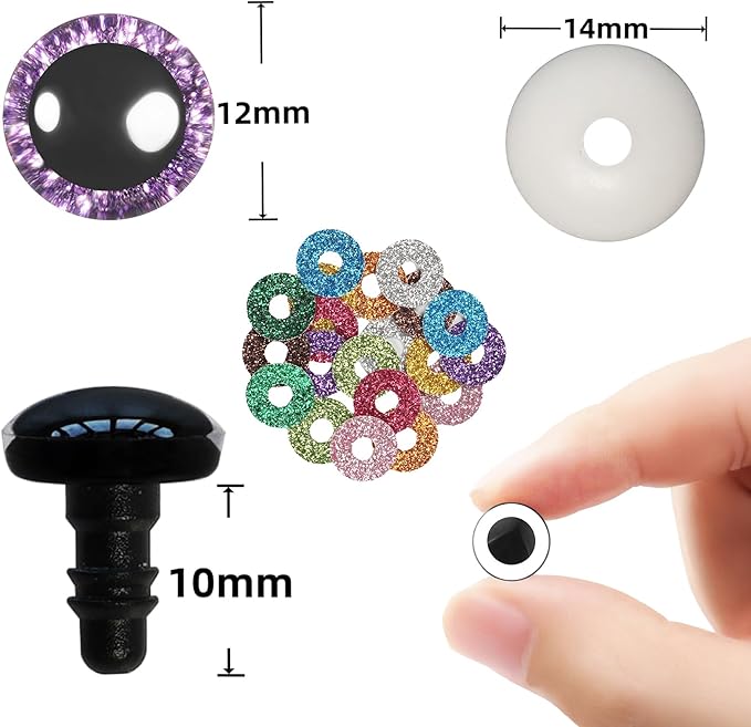 Hukiwow 200pcs 12mm Safety Eyes with Washers and Sequins 12 mm Colored Plastic Crochet Animals Doll Eyes for DIY Dolls Puppet Bears and Crafts Animals Decoration（10 Colors）