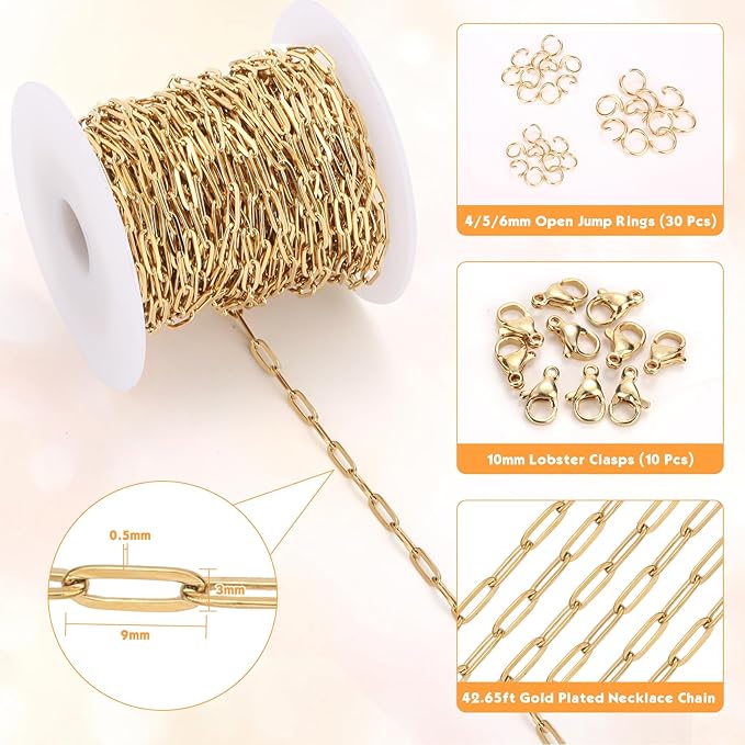 43ft Gold Chain for Jewelry Making 18k Gold Plated Stainless Steel Paperclip Chain Roll for Charm Bracelet Necklace Jewelry DIY Craft Accessories with 10 Pcs Lobster Clasps and 30 Pcs Jump Rings