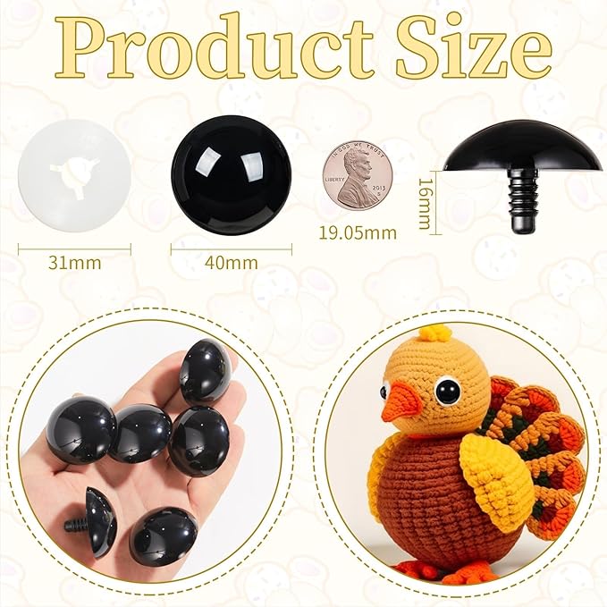 Vanblue Upgraded Safety Eyes for Crocheting 40mm 12pcs Scratch-Resistant Black Crochet Eyes with Eco-Friendly Washer Snap on Easily and Securely Strong Amigurumi Eyes Smooth Edges for Stuffed Animals