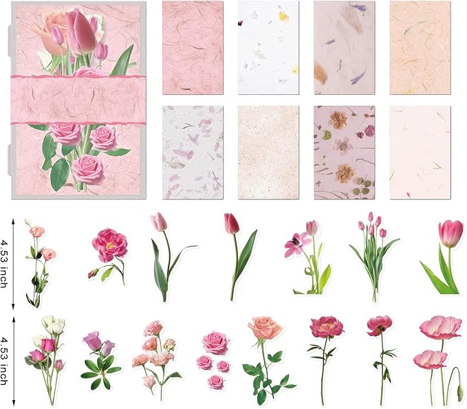 Teozeqe 31 PCS Premium Flower Scrapbook Kit – Big Realistic Floral PET Stickers & Vintage Paper for DIY Crafts, Bullet Journals & Scrapbooking 3 x 4.7 (Light Pink Fragrance)