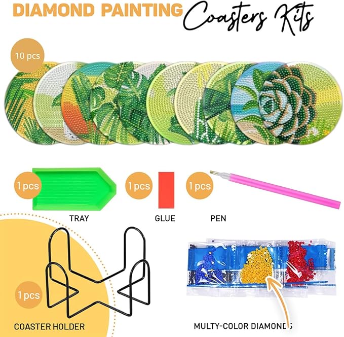 10 Pcs Leaves Shaped Diamond Painting Kits, Diamond Painting Kits with Holder, Diamond Art Coasters for Beginners Adults - Perfect Art Craft Supplies Gift!… (Leaves 2)