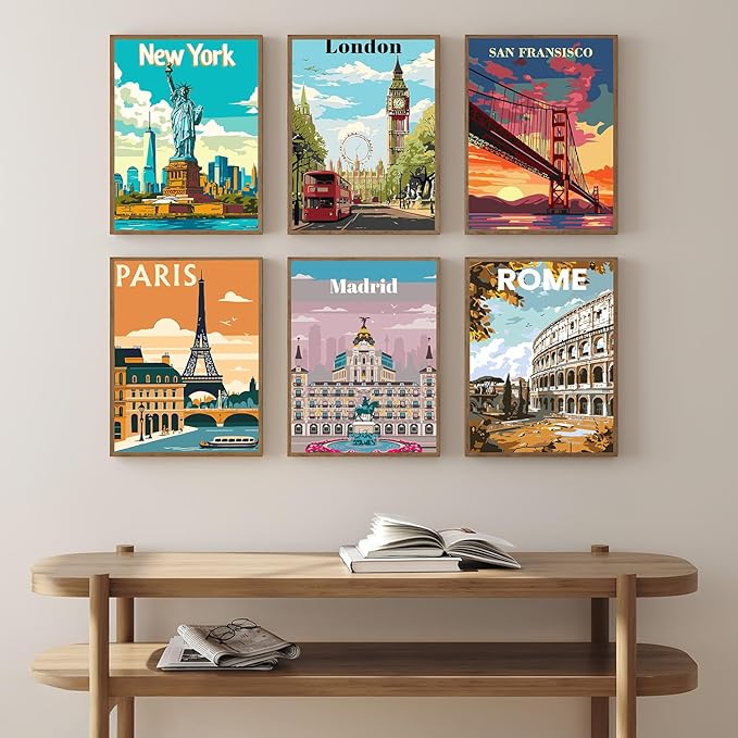 CHWGLFGG Travel City Paint by Numbers Kit for Adults Beginner, 6 Pack Adult Paint by Number Kits on Canvas, DIY Acrylic Oil Easy Painting by Numbers for Home Wall Decor 8X12 inch (Without Frame)
