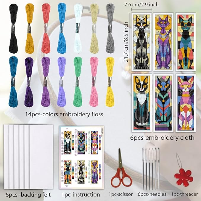 ORIGACH 6 Set Stained Glass Black Cat Cross Stitch Bookmark Kit for Beginner with Backing Felt Floss Instructions DIY Stamped Embroidery Bookmark Kit for Adults, Book Lovers