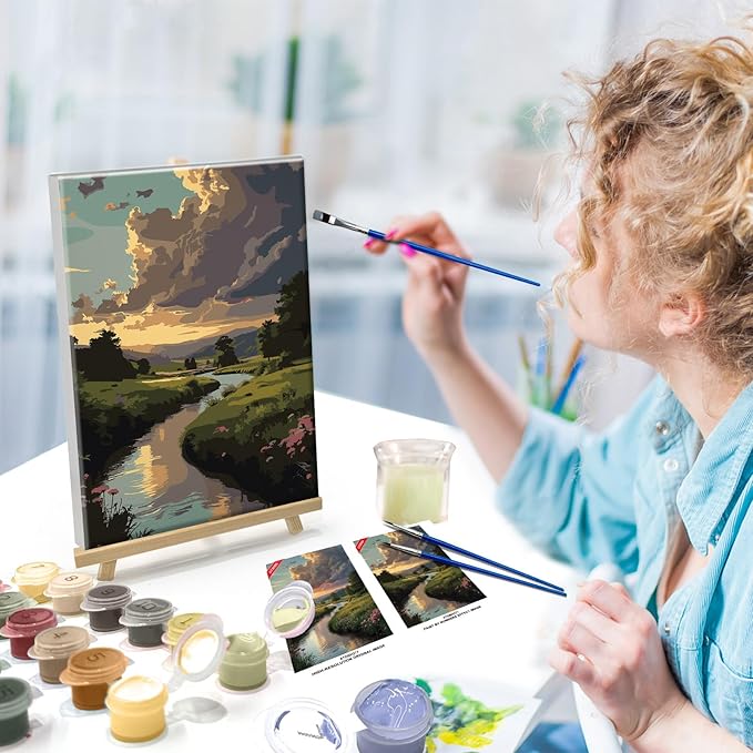 ATDMS Paint by Numbers Kit for Adults with Frame Landscape Paint by Number with Easel Sunset Adult Paint by Number Kits Framed Canvas DIY Acrylic Oil Painting Kits for Home Wall Decor 8x12 Inch