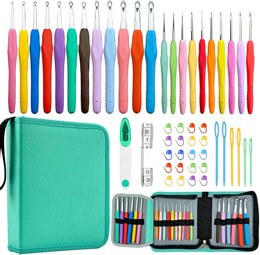 Hobekoee 22 Sizes Crochet Hooks Set with Sky Blue Case,0.5mm-10mm Ergonomic Soft Handle Crochet Hook Needles Set for Arthritic Hands,Complete Crochet Set