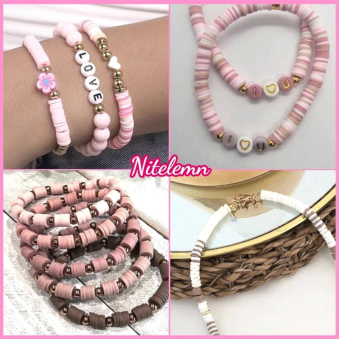 2370pcs Clay Beads for Bracelets Making, 6 Color Coffee Heishi Beads Polymer Clay Beads for Jewelry Making Supplies Charm, Friendship Bracelet Making Kit for Girl Women Adults (Neutral)