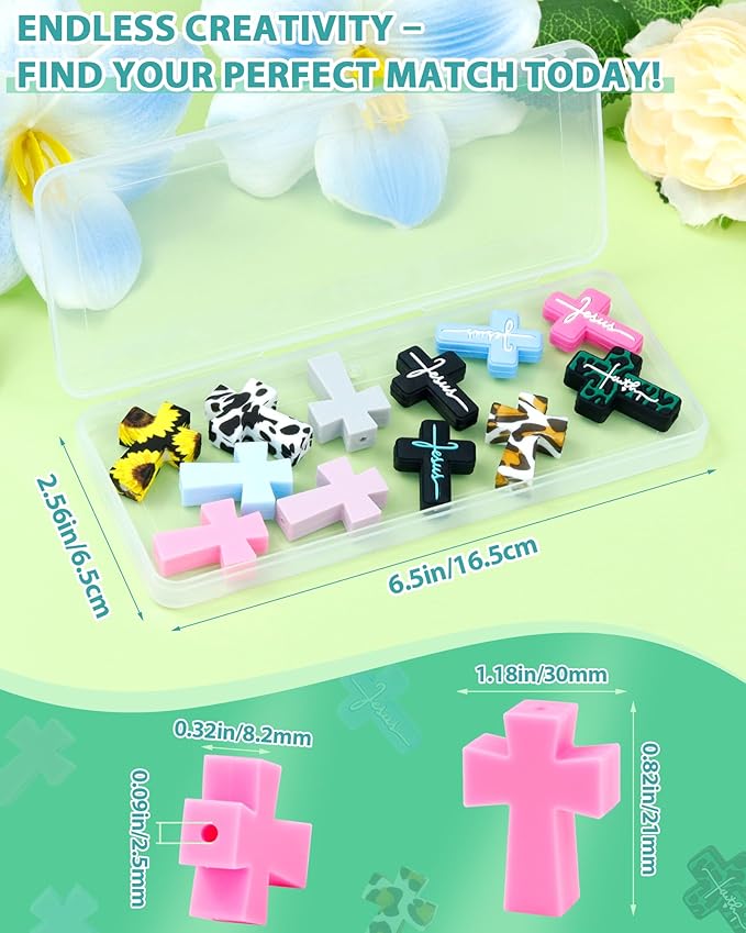 12Pcs Cross Silicone Focal Beads for Pens, Leopard Cross Shaped Rubber Charms, Jesus Beads for Beaded Pen, Bracelet, Necklace, Keychain Making Accessories