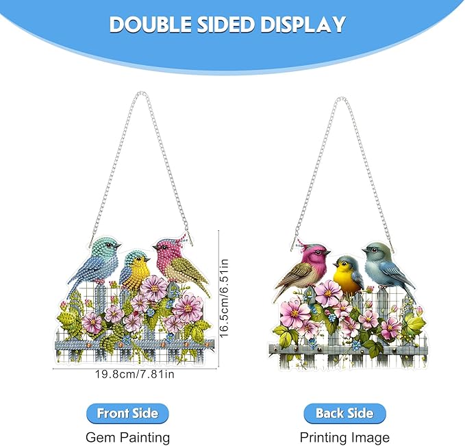 Hanging Diamond Art Kit for Adult, Adorable Bird, 5D Special Shaped Rhinestone Diamond Painting Ornament, Flower and Bird, DIY Acrylic Diamond Art Painting Window Pendants Home Garden Wall Decor