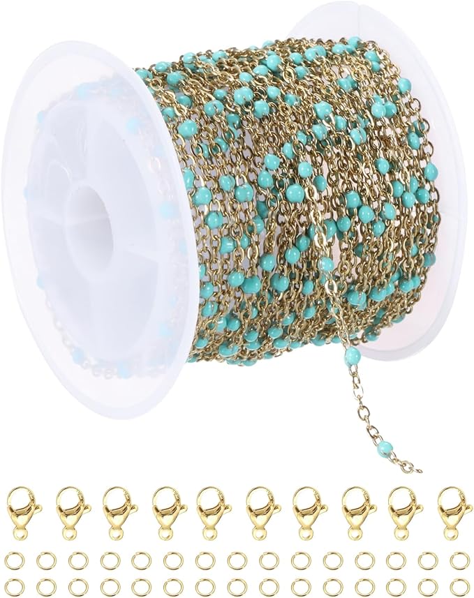 MECCANIXITY Stainless Steel Bead Chain, 16.4 Feet/5M Enamel Beaded Jewelry Link Cable Chains Spool Kit for Jewelry Making, Necklace, Bracelets, DIY Crafts (Gold/Pine Green, Pack of 1)