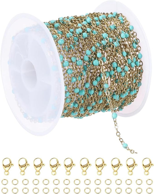 MECCANIXITY Stainless Steel Bead Chain, 16.4 Feet/5M Enamel Beaded Jewelry Link Cable Chains Spool Kit for Jewelry Making, Necklace, Bracelets, DIY Crafts (Gold/Pine Green, Pack of 1)
