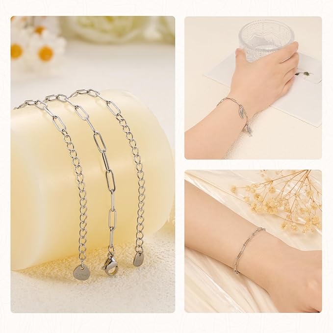 KYUNHOO 10pcs Silver Chain Bracelets Kit Stainless Steel Jewelry Link with Lobster Clasps 6.3 inches Paperclip Chain with Extender for Women Men DIY Bracelet Making Supply Findings