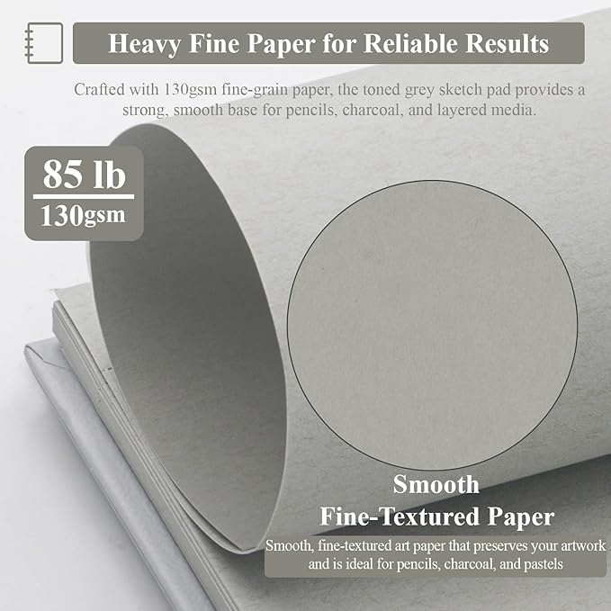 sufly toned gray sketchbook 5.5"x8.5" - 60 sheets spiral bound drawing pad, 85lb/130gsm sketch paper for graphite, charcoal, colored pencils and gel pens.