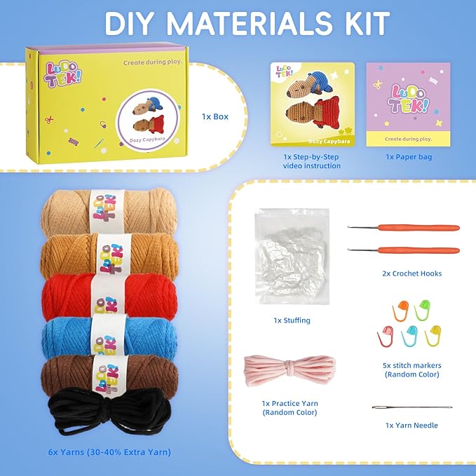 LUDOTEK Crochet Kit for Beginners, Crochet Animal Kits,Crocheting Kit for Starters with Step-by-Step Video Tutorials, Beginner Crochet Kits for Adults(2 Pack Capybara)