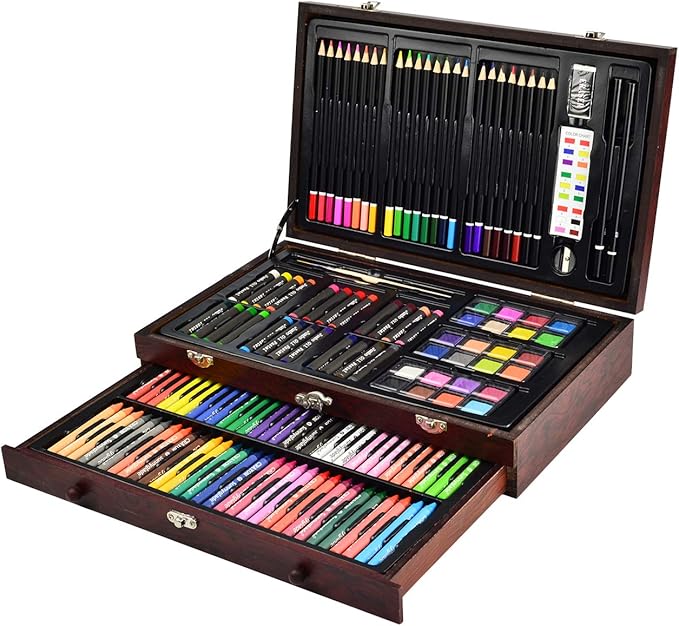 Sunnyglade 145 Piece Deluxe Art Set, Wooden Box & Drawing Kit with Crayons, Oil Pastels, Colored Pencils, Watercolor Cakes, Sketch Pencils, Paint Brush, Sharpener, Eraser, Color Chart (Cherry)