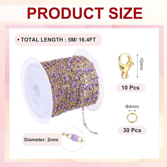 MECCANIXITY Stainless Steel Bead Chain, 16.4 Feet/5M Enamel Beaded Jewelry Link Cable Chains Spool Kit for Jewelry Making, Necklace, Bracelets, DIY Crafts (Gold/Purple, Pack of 1)